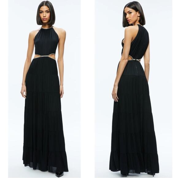 Alice + Olivia Myrtice Crystal Embellished Cutout Pleated Black Maxi Dress Sz 8 - Picture 1 of 9